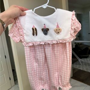 Pink Gingham Baby Romper with Dog Embroidery